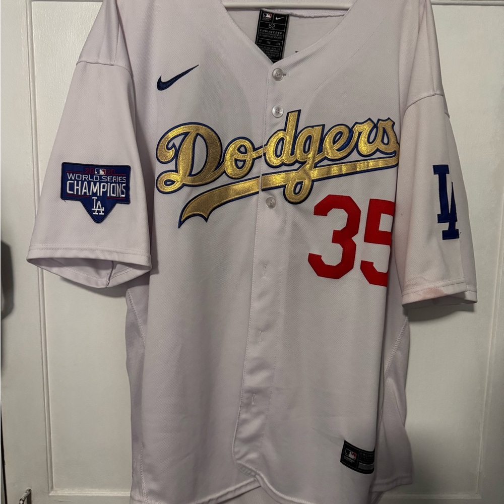 Nike Dodgers White Jersey with Gold and Red Accents 2020 WS Champions Bellinger